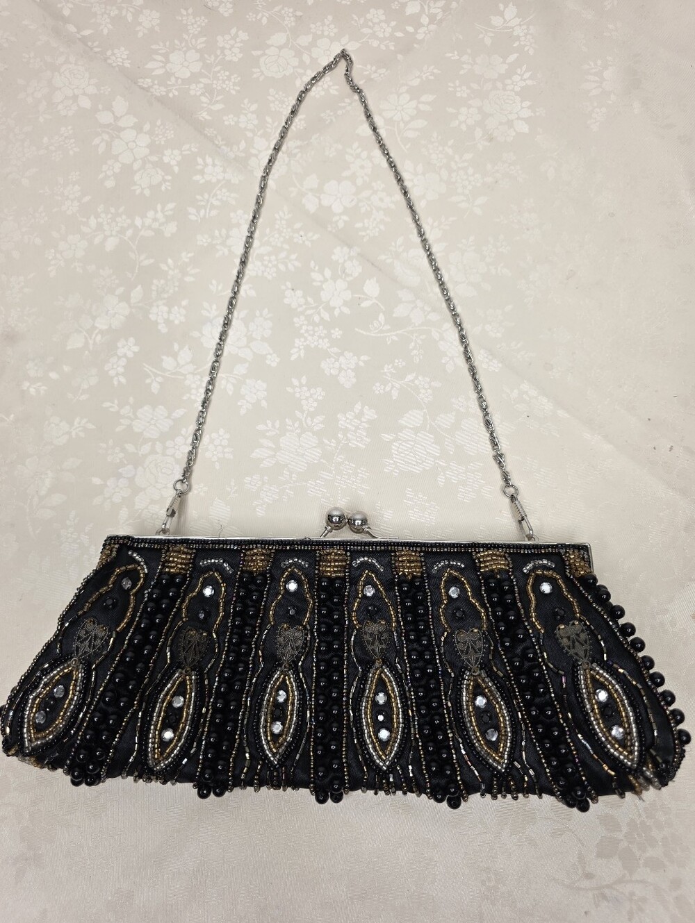 Vintage Whimsigoth Beaded Evening Clutch Bag Black Gold Silver Kiss Lock Art Dec
